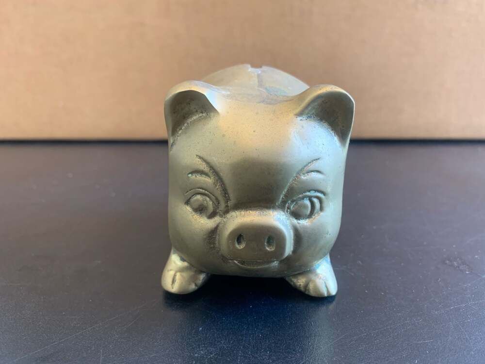 Vintage Brass Pig Piggy Bank with Stopper Cap Original Patina 4.5" MCM